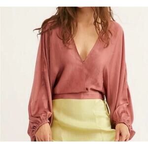 Free People Midnight Vibes Silky Satin Dolman Sleeve Crop Wrap Rose Pink Medium